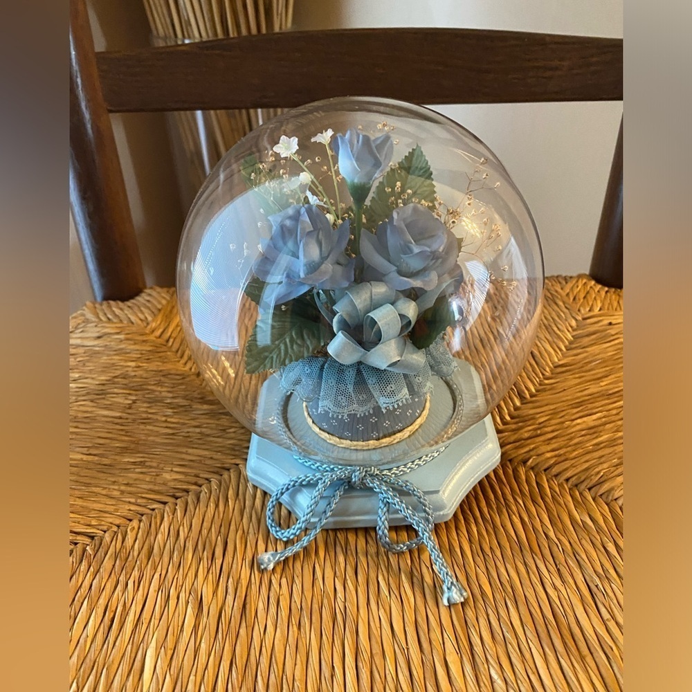 Vintage MCM Preserved Blue Rose Glass Globe Dome Display 💙